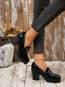 Women's Classic Thick Heel High Heels, Chunky Heel Pumps, Comfortable Work Shoes, Spring/Summer 2025 - 黑色 - 查看 7