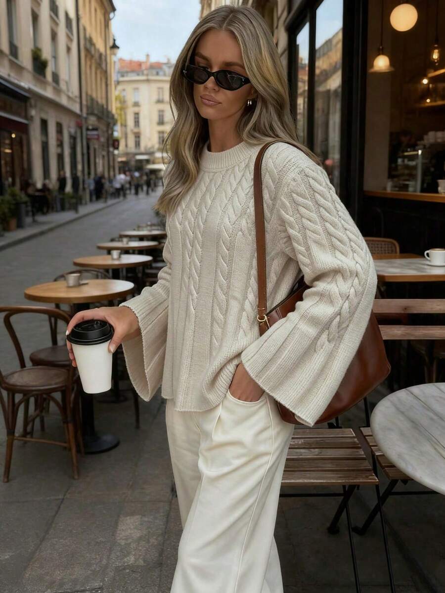 FOR BEAUTY 秋冬新款纯色圆领扭结针织长袖毛衣女款，时尚宽松简约休闲通勤套头针织衫，新年款 - 杏色 - 查看 1