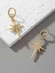 2pcs Stylish Rhinestone-Decorated Star Pendant Earrings, Round Geometric Eight-Pointed Star Earrings, Simple And Unique Style, Unisex Pendant Earrings, Suitable For Parties, Gatherings, Outings And Everyday Wear. - Gold - View 3