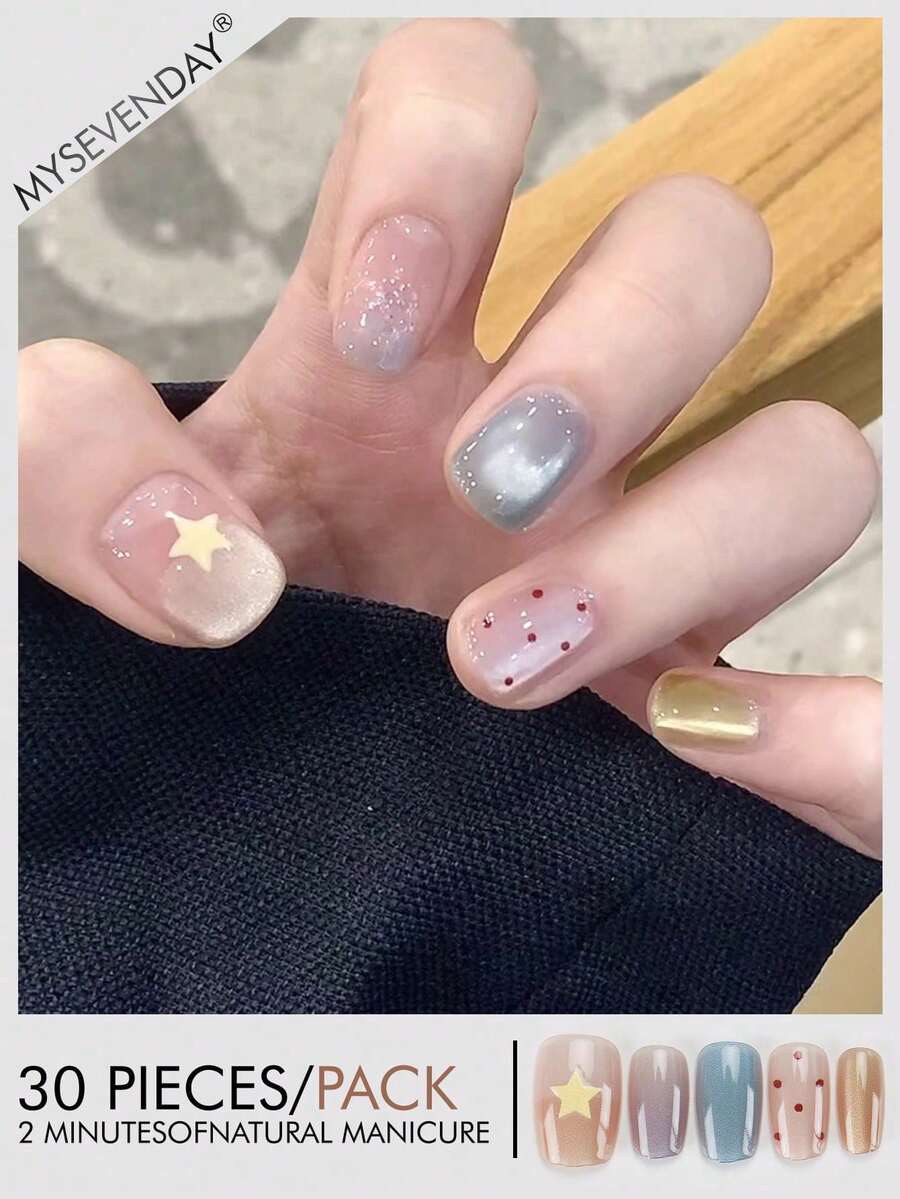 30片方形/短款双色美甲贴纸，星点图案，完美贴合亚克力假指甲套装，包含1瓶甲油胶和1把指甲锉，适合女性在秋冬季日常工作、学习和聚会中使用。这款美甲产品也适用于派对、节日和日常佩戴。美甲用品 - 彩色 - 查看 1