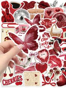 50pcs Red Aesthetic Stickers, Valentine's Day Stickers, Girl Stickers, Handmade Materials, Vinyl Stickers - Multicolor - View 6