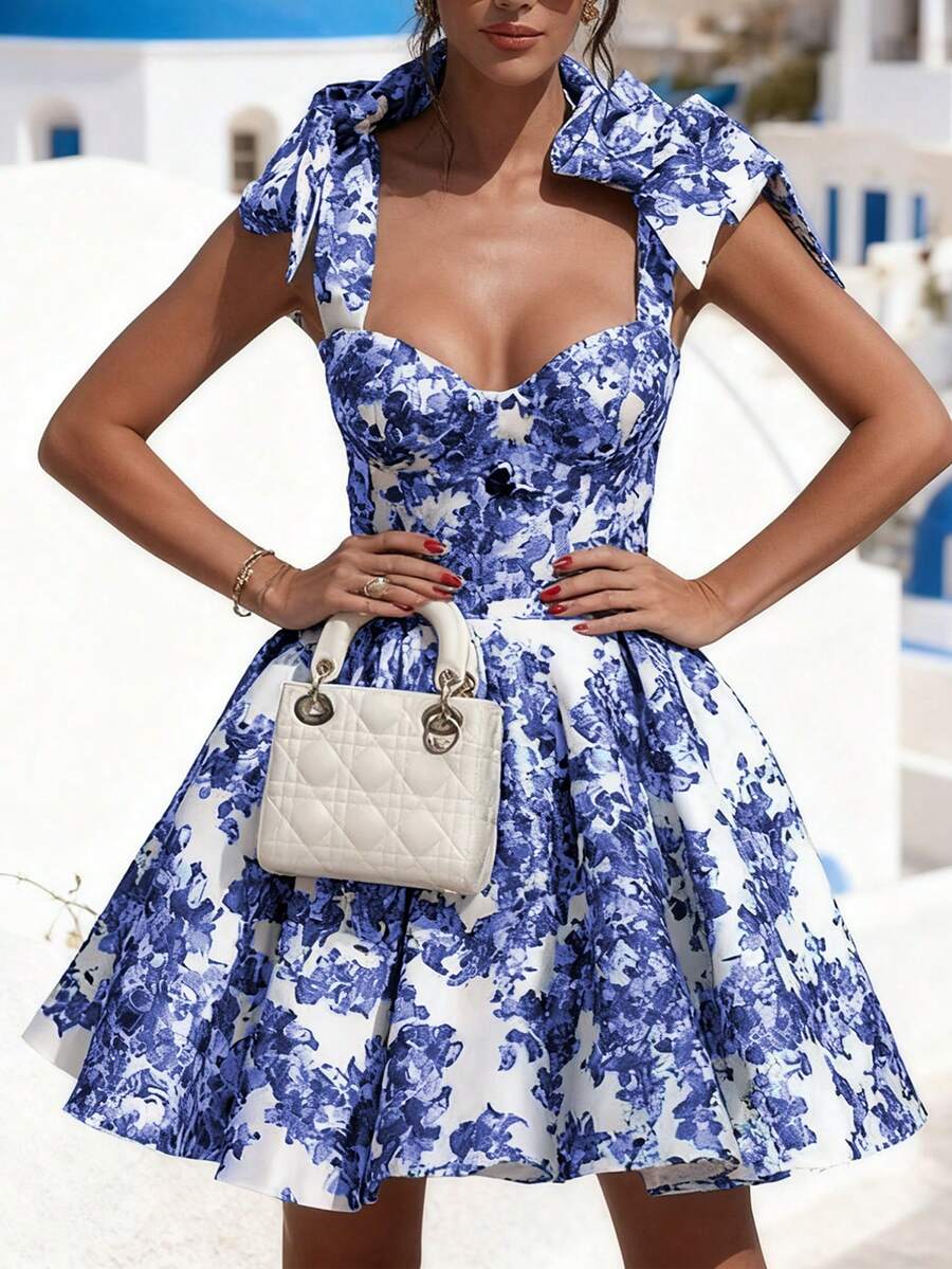 女士性感低胸度假风修身印花系带A字迷你露背吊带连衣裙，复古优雅摇摆派对薄纱伴娘鸡尾酒礼服，新款休闲连衣裙，春夏秋季