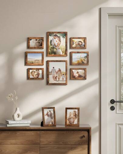 Set Of 10 Picture Frames, Two 20 X 25 Cm (8 X 10 Inches), Four 13 X 18 Cm (5 X 7 Inches), Four 10 X 15 Cm (4 X 6 Inches), Plastic Front, MDF, Rustic Brown