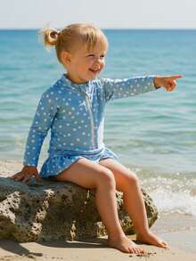 Baby Girl Rash Guard Swimsuit Dot Print Long Sleeve Mock Neck Romper Ruffled Hem Zip Up Swimwears - Blue - View 2