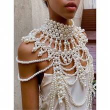 1pc Handmade Woven White Faux Pearl Necklace/Body Chain, Unisex, Beaded Necklace For Women, Suitable For Wedding, Party, Carnival, Fashion Show, Gift - STL007 - View 6