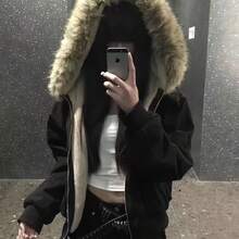 女式冬季保暖连帽派克大衣，人造毛皮饰边，黑色长袖，拉链口袋，合身下摆，常规长度，100% 涤纶填充物 - 黑色 - 查看 11