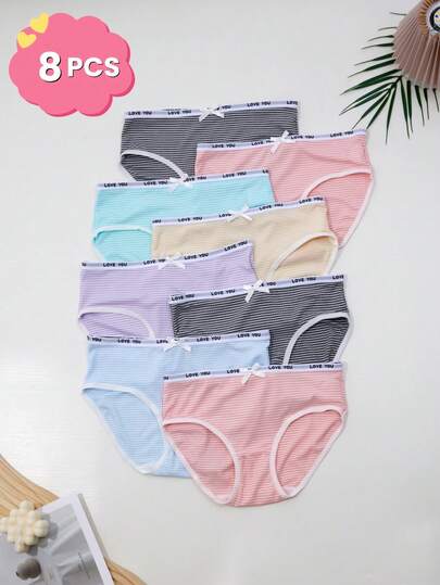8pcs Cute Girl Soft Breathable Mid-Waist Bow Decor Cotton Panties, Basic Student Sports Underwear With Elastic Letter Waistband