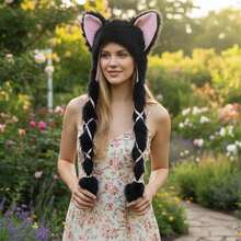 Women Fleece Hat Winter Warm Fox Ears Decor Soft Lightweight Beanie Earflap Hat For Daily And Cosplay Party - Black - View 2