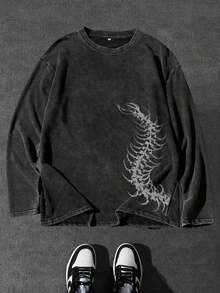 复古海报图案男士加大码可机洗长袖T恤 - 黑色 - 查看 1