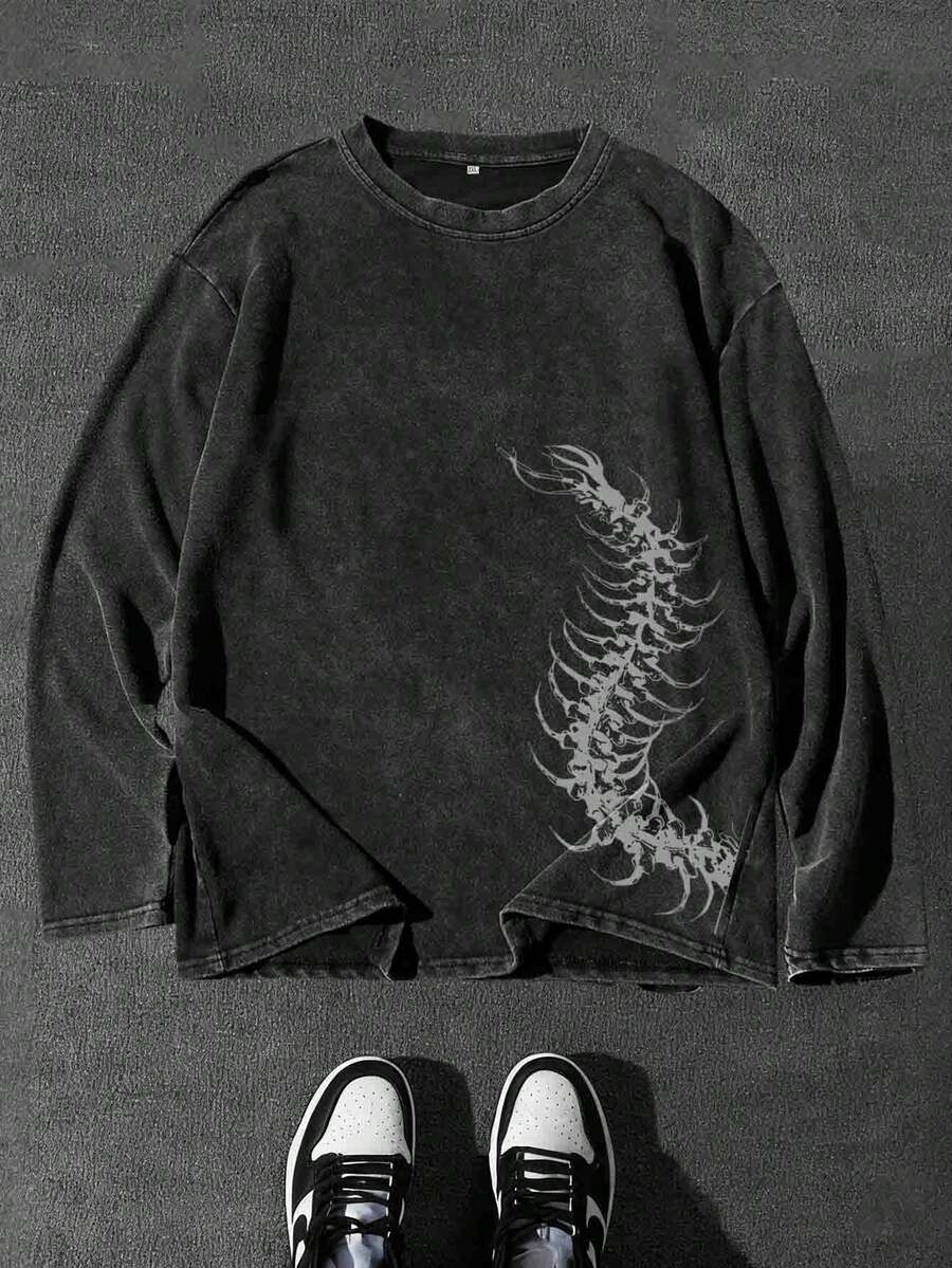 复古海报图案男士加大码可机洗长袖T恤 - 黑色 - 查看 1