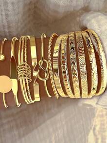 25/15/13/12/7/5pcs Chunky, Vintage Multi-Piece Stackable Bracelets Set - Floral, Geometric, Teardrop, Beaded, Wave, Heart, Embossed, Love Text, Twisted, Chain, Asymmetrical, Braided, Smooth, Minimalist, Metal, Exaggerated, Thick Cuff, Fashion, Elegant, Retro, Cute, Holiday, Party, Daily Wear - Yellow Gold - View 2