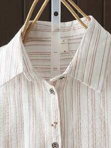 Retro Loose Casual Button Front Vertical Striped Shirt - Beige - View 5