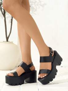 女士露趾PU皮粗跟凉鞋，透气休闲舒适优雅夏季高跟鞋 - 黑色 - 查看 2