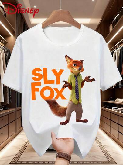 Disney 尼克·王尔德狐狸图案印花休闲男士短袖T恤，略带弹性，不透光，易打理面料，适合日常穿着。