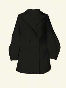 女士优雅黑色双排扣翻领大衣，灯笼袖，喇叭下摆，常规长度，无弹力面料 - 黑色 - 查看 2