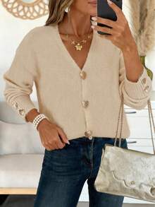 Women's Casual Cute Elegant Heart Gold Button Open Front Solid Color Drop Shoulder Knitted Sweater Cardigan Top Long Sleeves Daily Wear Office Work Streetwear Date Night Outfits Cardigan Fall Winter Going Out Outfits Clothes Christmas Thanksgiving