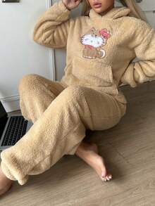 SANRIO 2pcs/Set Women's Cartoon Bear Sweatshirt With Pocket And Ear Design, Long Pants, Fleece, Warm And Comfortable Loungewear Set For Autumn/Winter - Brown - View 2