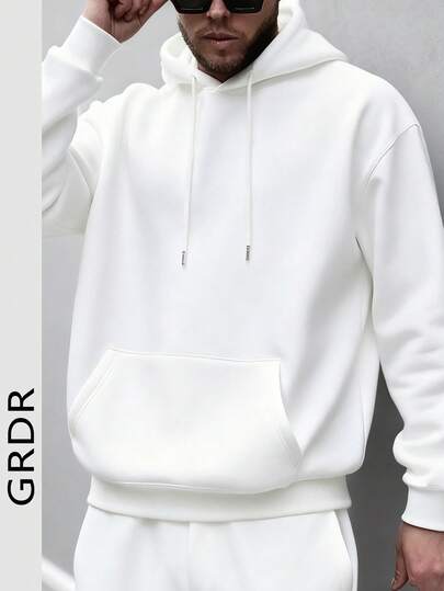 Herrtröja med huva för gatubruk, enfärgad med fleecefoder, lös passform, lämplig för vardagsbruk, lager-på-lager