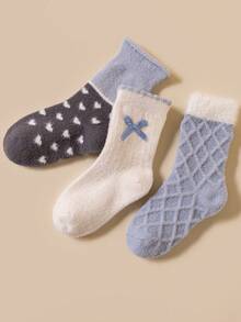 3双装儿童加厚保暖中筒袜，蝴蝶结设计，冬季女童袜 - 彩色 - 查看 12