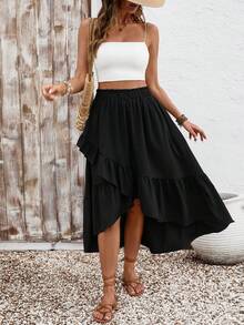 Váy Maxi Cao Thấp Xếp Ly Boho Cạp Cao, Viền Ruffle, Eo Đàn Hồi, Dáng Chữ A, Kỳ Nghỉ Hè, Bãi Biển - màu đen - Xem 3