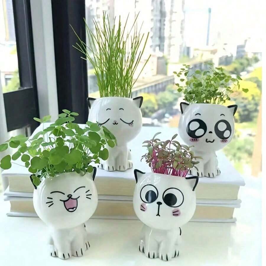 1/4Pcs White Ceramic Cat Flowerpot Vase, Mini Cat Cartoon Cute Potted Plant, Home Office Desktop Potted Plant DIY Desk Decoration School Gift ﻿Decorative Tube Decorative Tube Home Decor Room Decor Flower Vase Glass Vase - White - View 1