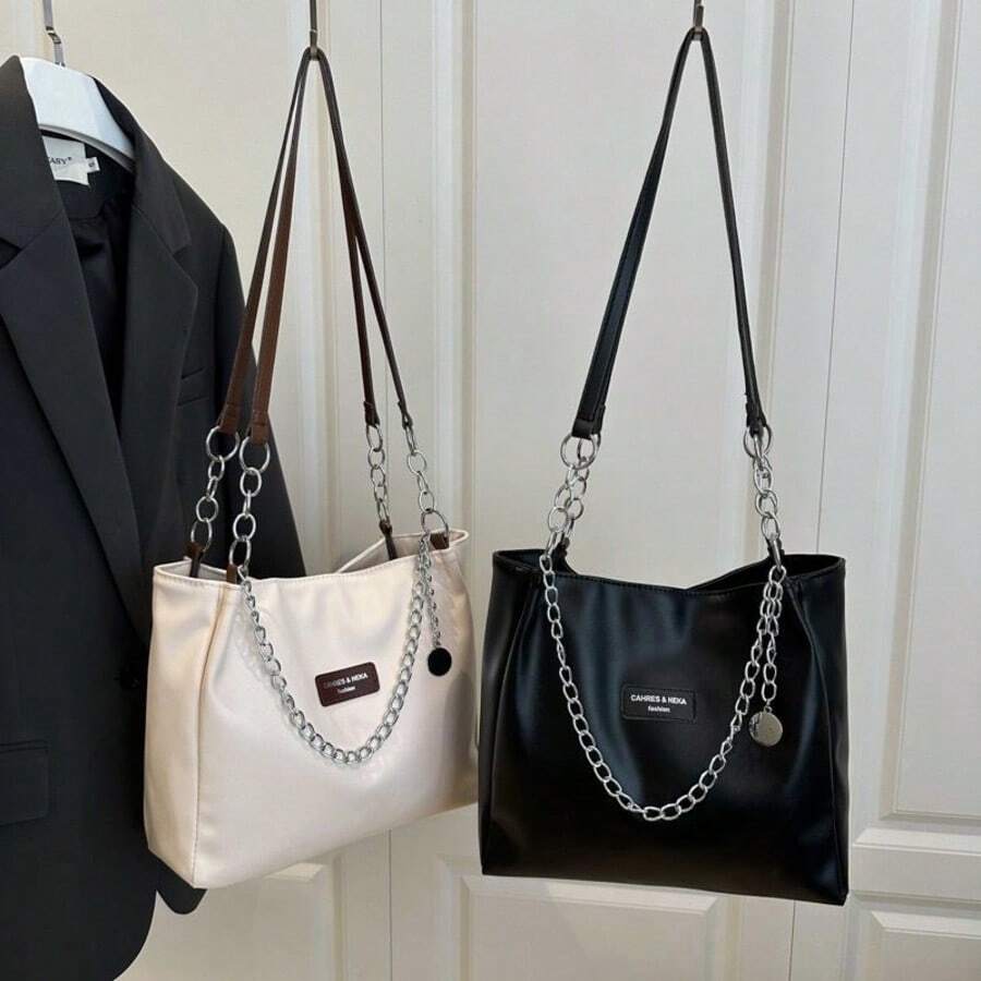 Multineos Comercial Women's Solid Color Chain Decoration Shoulder Bag, Lightweight Minimalist Large Capacity Shopping Bag For Daily Use, Office Work And Travel, Fashion Hobo Bag, Crossbody Bag, Backpack, Thank You Gift For Teachers, Back To School, Student Bags, Multiple Compartments, Perfect For Beach, School, Work And Daily Use - 黑色 - 查看 1