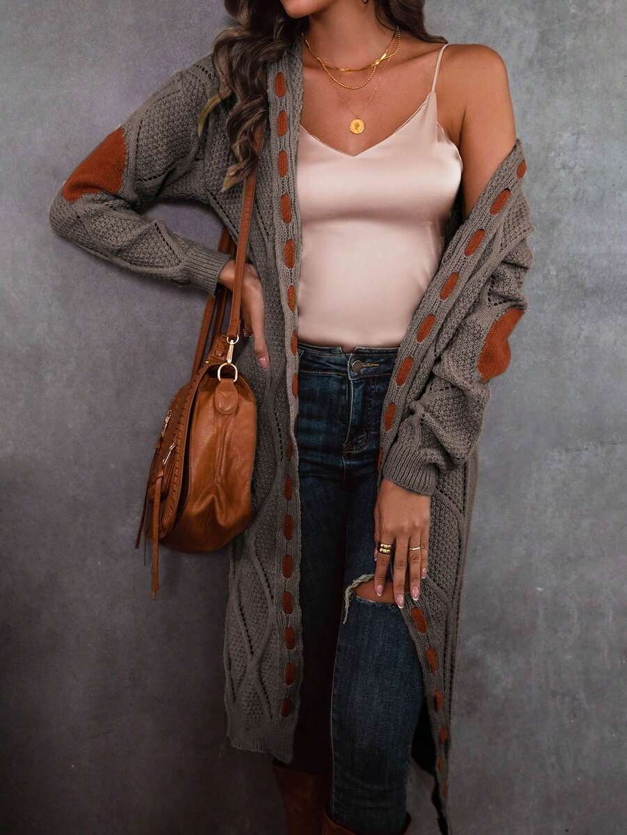 2025 Autumn And Winter Women's Fashion Casual Commuter Home Color Block Vintage Long Sleeve Knit Cardigan Concert - Mocha Brown - View 1