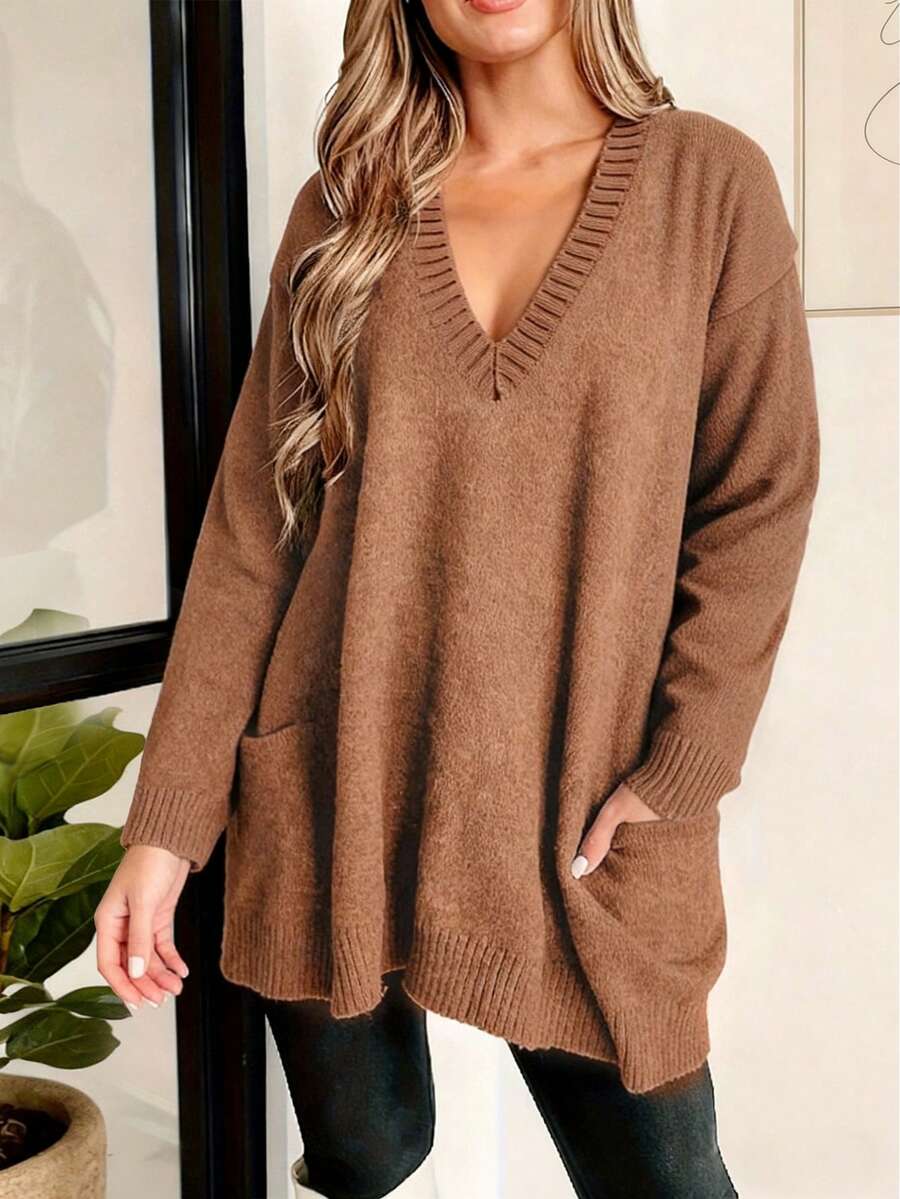 Áo len thời trang cỡ lớn dành cho nữ, thích hợp cho Giáng sinh và Ngày lễ tình nhân, áo len dài cổ chữ V màu trơn đa năng có túi, kiểu dáng cơ bản, thích hợp mặc mùa thu, mùa tựu trường, phong cách thường ngày, dự tiệc Giáng sinh.