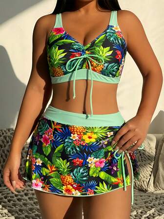 Traje de baño de 3 piezas de mujer DeepOcean Swim con estampado floral tropical, parte superior con cordón y que cubre el vientre, elegante conjunto de bikini