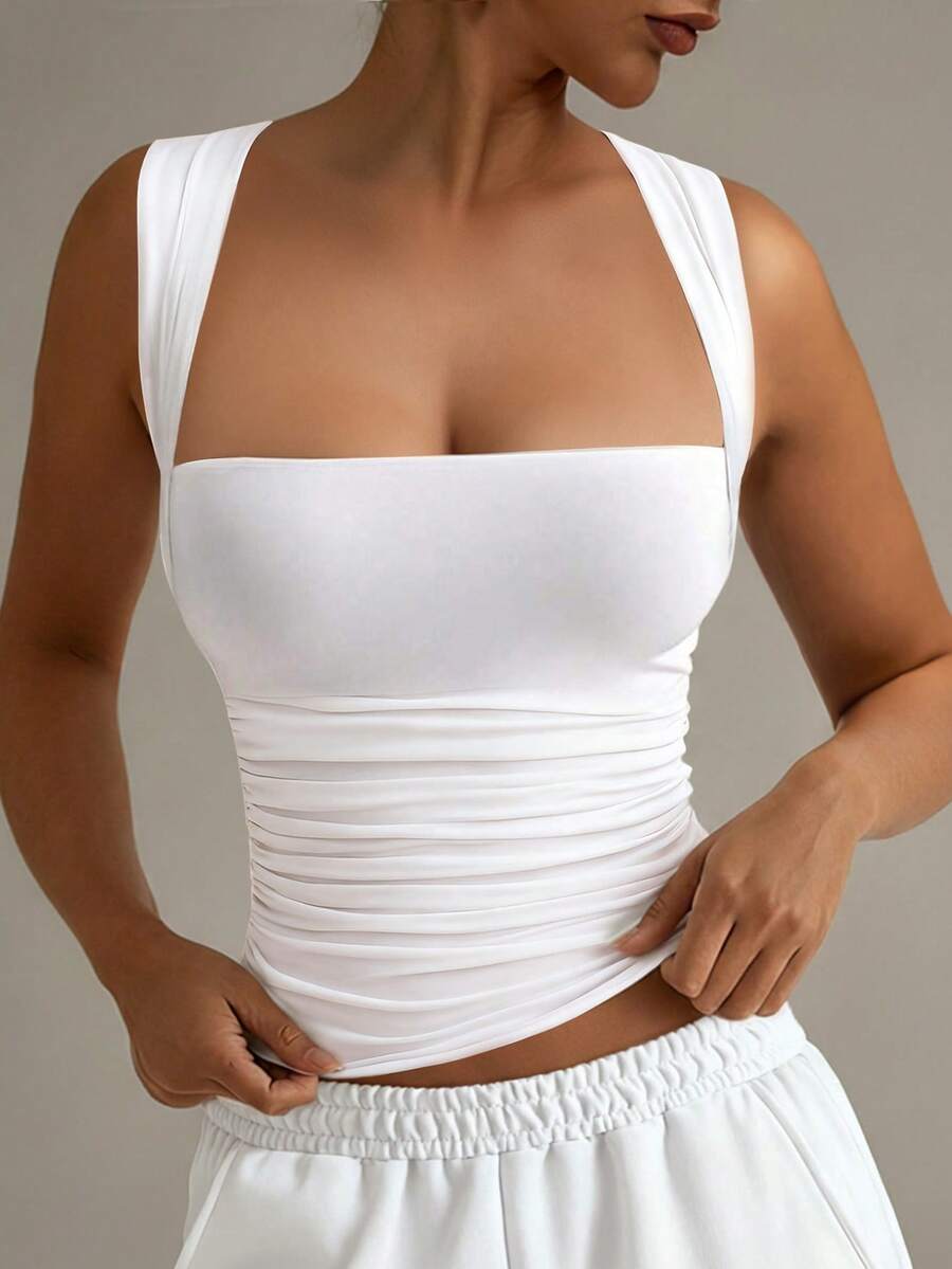 XLLAIS Áo tank top trắng cổ bẻ thời trang, kiểu dáng ôm sát, thích hợp cho mọi mùa hè.