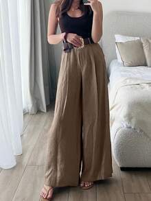 SHIBASHAN 女士复古高腰阔腿裤配腰带休闲宽松裤街头风长裤 春季 - 卡其色 - 查看 5