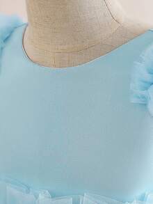 Vestido largo de satén y tul de unicolor para niñas con lazo en la cintura, elegante y para fiesta de cumpleaños, sin diadema - Azul - Ver 7