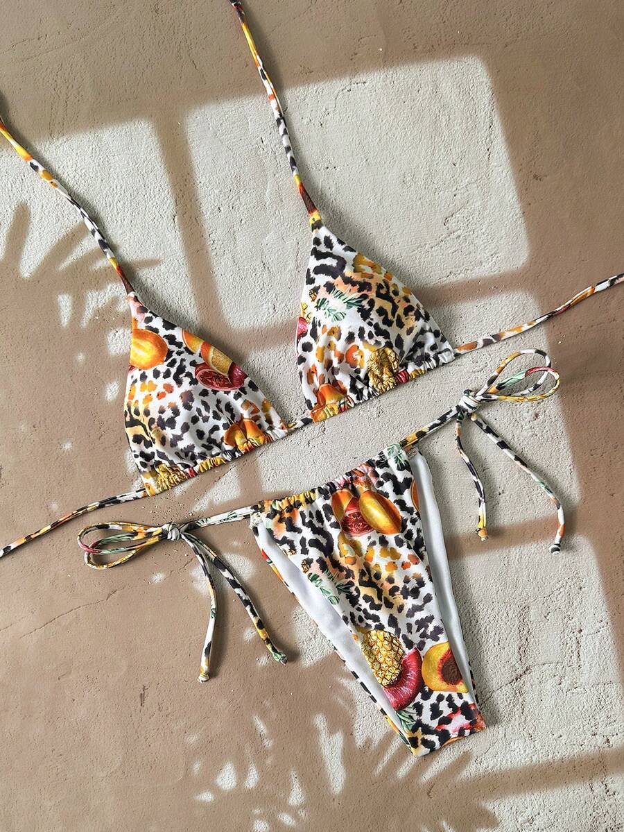Set bikini sexy pentru femei cu imprimeu leopard și legături în spate, cu partea de sus cu bretele tip spaghete și talie înaltă