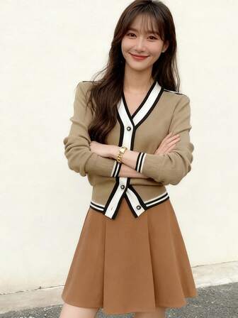 撞色前袋落肩短款开衫