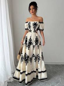 Women's Dresses, Printed Maxi Dress With Off-The-Shoulder And Waist Detail, Retro Resort-Style Dress With A Fitted Waist, Boho-Style Maxi Dress That Slims The Silhouette. - Màu be - Xem 1