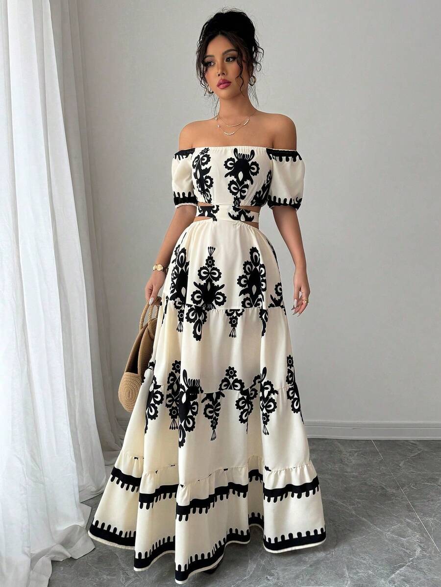 Women's Dresses, Printed Maxi Dress With Off-The-Shoulder And Waist Detail, Retro Resort-Style Dress With A Fitted Waist, Boho-Style Maxi Dress That Slims The Silhouette. - Màu be - Xem 1