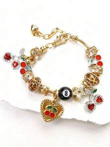 1pc Leopard Print Cherry Pendant Bracelet, Black 8 Ball Cherry Beaded Bracelet Leopard Print DIY Bracelet - Multicolor - View 5