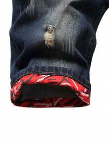 男式印花撕边卷边牛仔短裤 - 深色水洗藍 - 查看 4