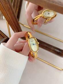1pc Vintage Luxury Gold/Silver Color Petite Women Bracelet Watch, Fashionable Minimalist Elegant Quartz Watch, Suitable For Daily Wear, Birthday Gift - Vàng - Xem 2