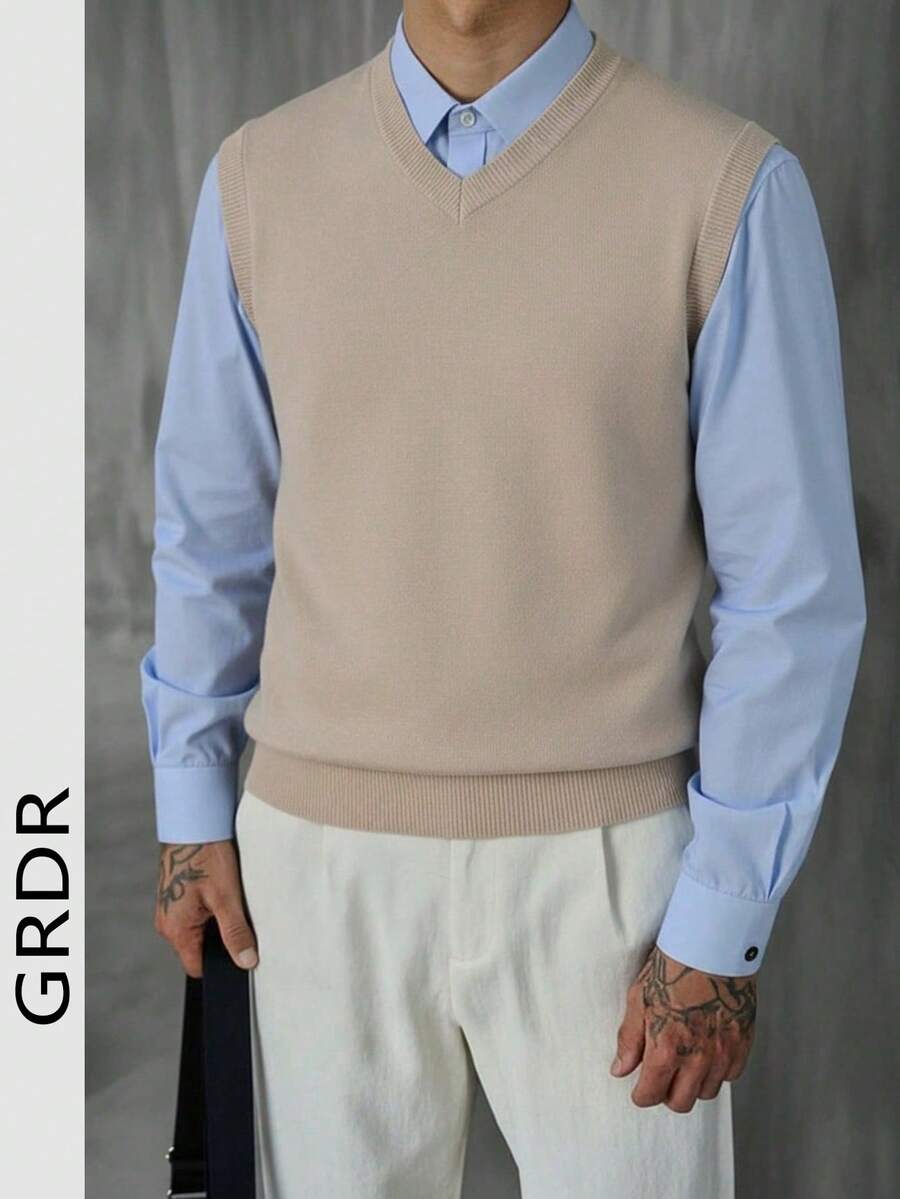Chaleco de punto casual y versátil de unicolor con cuello en V para hombre GRDR