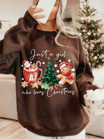 圣诞姜饼人图案休闲宽松圆领长袖女式卫衣