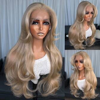 Perucă Kanekalon Futura Hair blondă 13x4, cu buline lungi de 22 de inci, cu breton cortina, peruci sintetice Kanekalon rezistente la păr, fără lipici, densitate 150%, gata de purtat, pentru petreceri zilnice, festivaluri, sărbători, peruci pentru începători, peruci transparente din dantelă