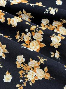 女士高腰印花中长裙，适合节日、冬季、新年、感恩节、返校季、情人节、海滩度假等场合。 - 黑黃色 - 查看 7