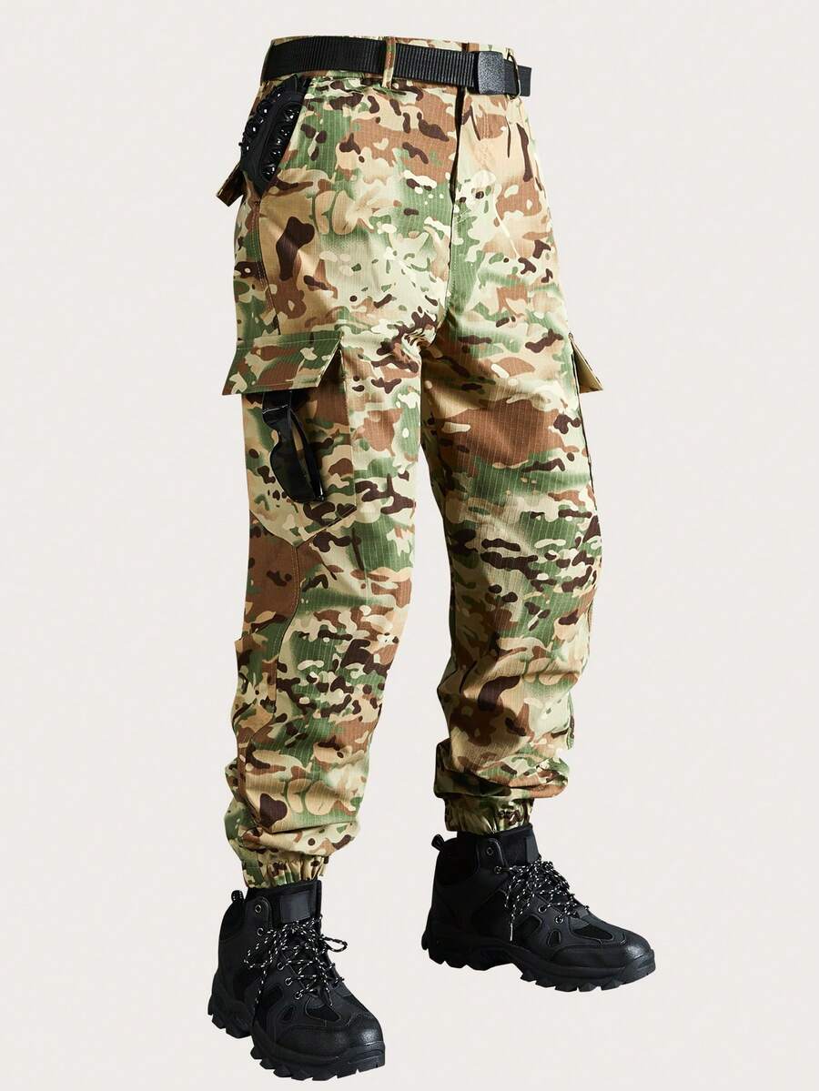 男士户外迷彩工装徒步裤 - 多口袋战术工作服长裤，透气防撕裂面料，休闲直筒慢跑裤，适合春秋季徒步旅行、露营、远足、旅行和日常穿着 - 卡其色 - 查看 1