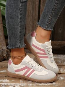1 Pair Women's Casual Geometric Pattern Flat Round Toe Lace-Up Sneakers, Fashionable & Versatile - Pink - View 4