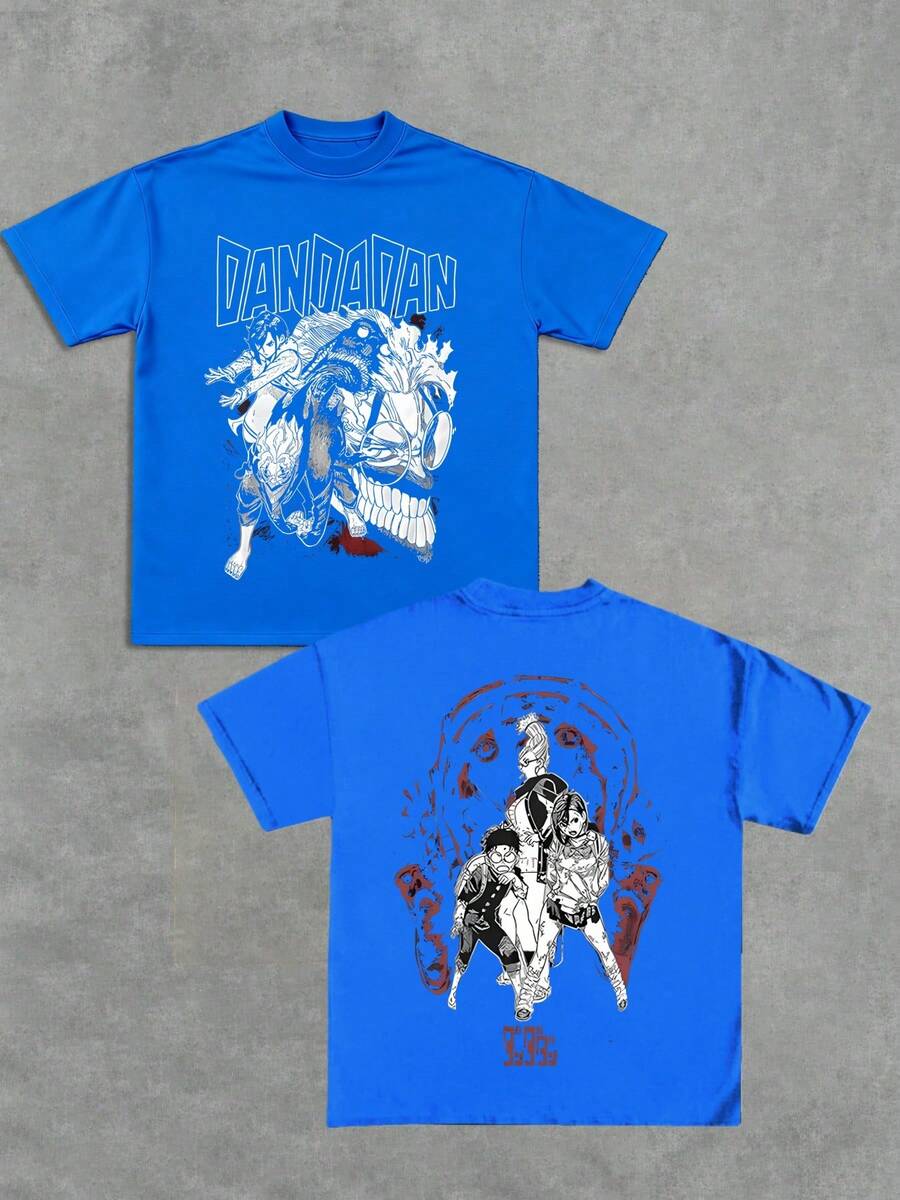 Double-Sided Water Washed T-Shirts With Dandadan Anime Pattern Fashion Street Pattern Graphic Top Tees, 230g 100% Cotton,Halloween Gift For Friends And Family - Blue - View 1