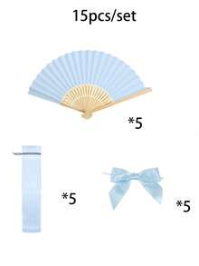 Elegant Fan Set, Including Bow And Gift Bags, Bridal Bamboo Handheld Folding Fan, Suitable For Bridesmaid Gifts And Wedding Decorations, Perfect For Parties And Events, Perfect Summer Accessory - Baby Blue - View 9
