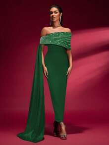 Green Solid Color Beaded Sash Off-Shoulder Fitted Dignified Bandage Maxi Dress - Dark Green - View 4