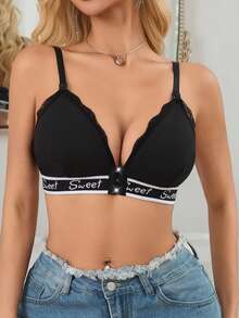 Women's Black Letter Jacquard Lace Patchwork Comfortable Nursing Bra - Black - View 7