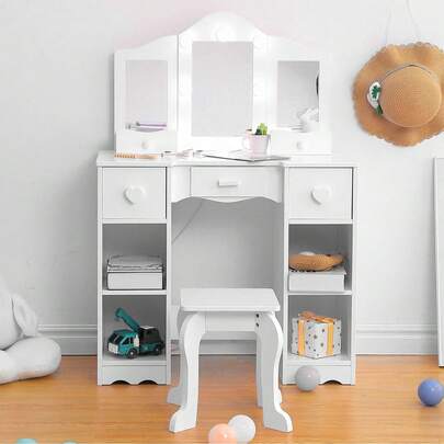 Kids Vanity Set With Mirror, 2-In-1 Wooden Toddler Vanity Table With Stool, Tri-Folding Mirror & Drawer,Princess Pretend Play Makeup Vanity Princess Makeup Desk Dressing Table For Little Girls